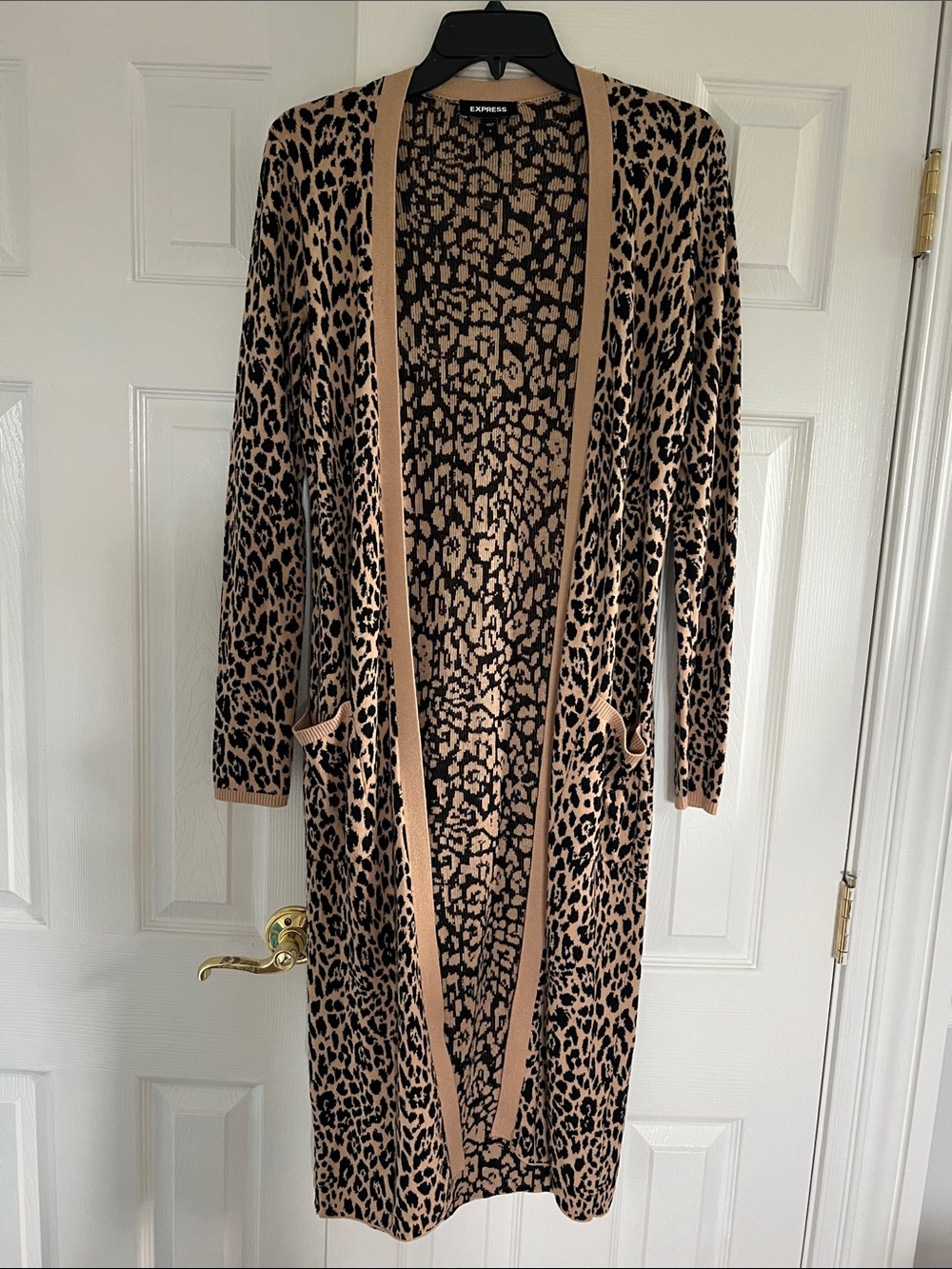 Express Leopard-Print Long Cardigan - Tan and Black - Size S